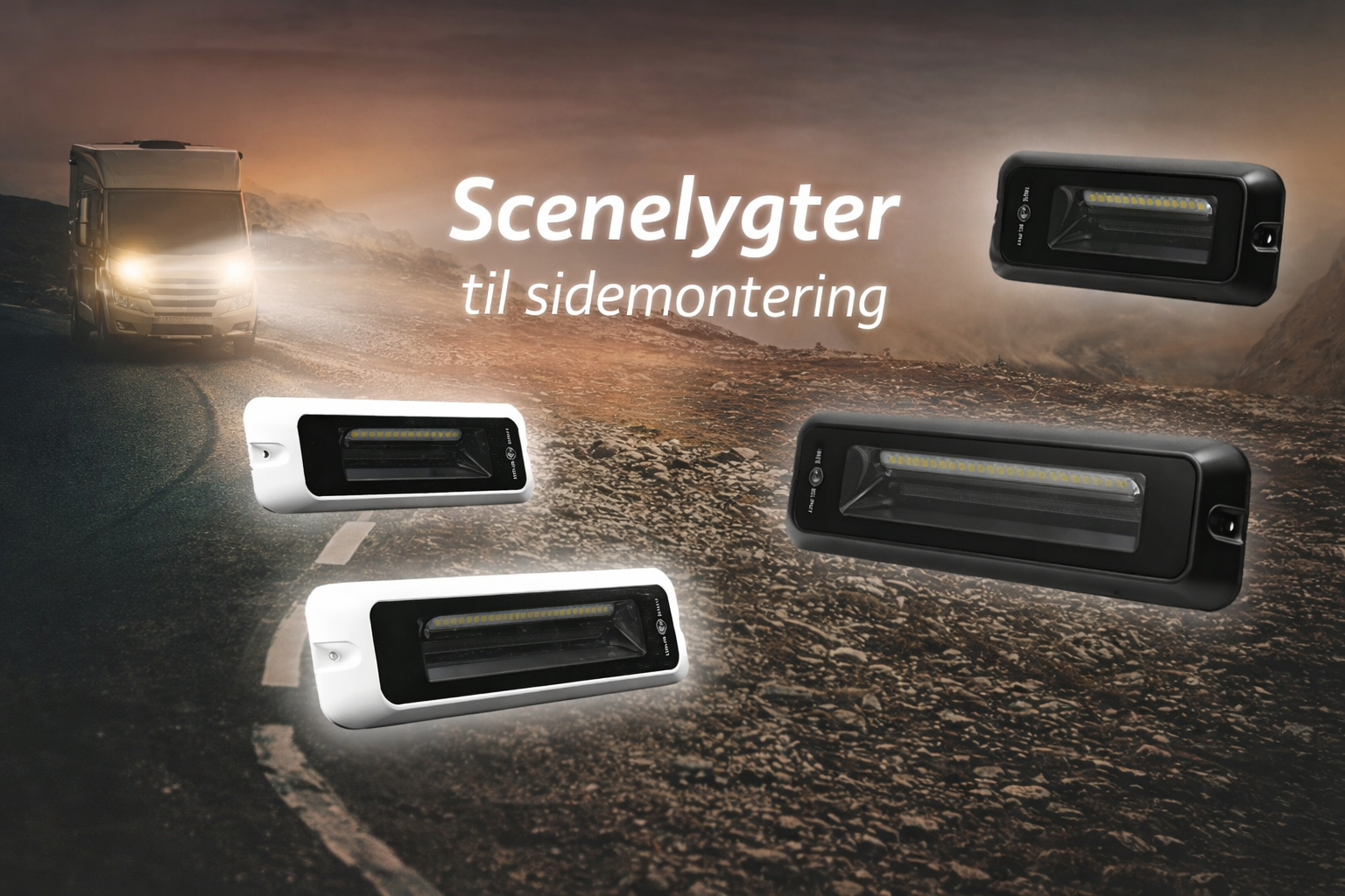 LED scenelygter til sidemontering på autocamper, campingvogn, varebiler, lastbiler og specialkøretøjer.