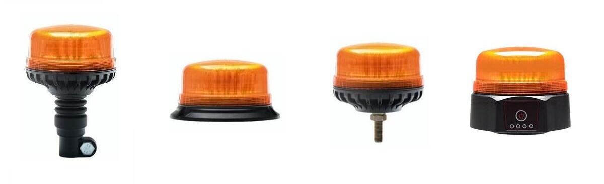 Fire typer LED advarselsblink: Til venstre et sokkelmonteret LED advarselslys med standard DIN-fatning til traktor eller entreprenørmaskine. Den næste er et fastmonteret advarselsblink med lav profil, ideelt til køretøjer med fast installation. Nummer tre er et advarselsblink til montering med en bolt. De første tre er R65 godkendt. Den sidste er et magnetisk rotorblink, genopladelig via USB kabel – klar til hurtig montering og brug på alle typer biler og varevogne. 