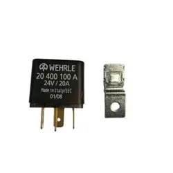 Wehrle lukkerelæ 24V 20A med 4 ben og metalbeslag til montering.