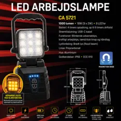 Genopladelig LED arbejdslampe med advarselslys – magnetisk, 18W, 1000 Lumen