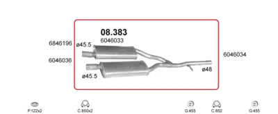 Mellempotte Ford Taunus 2.0 og 2.3 sedan (1976–1983).

Midterste lyddæmper Polmo 08.383.

Passer til Ford Taunus 2.0 (1999 ccm, 66 kW / 90 HK) og 2.3 (2294 ccm, 79 kW / 108 HK).

Oval potte med højde ca. 9 cm.

OE-referencer: 6046033, 279-625, 02333.