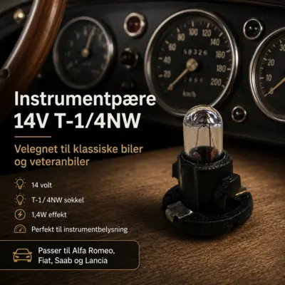 Instrumentpære 14V 1.4W T-1/4NW – Passer typisk i ældre og klassiske biler fra mærker som Alfa Romeo, Lancia, Fiat og Saab.