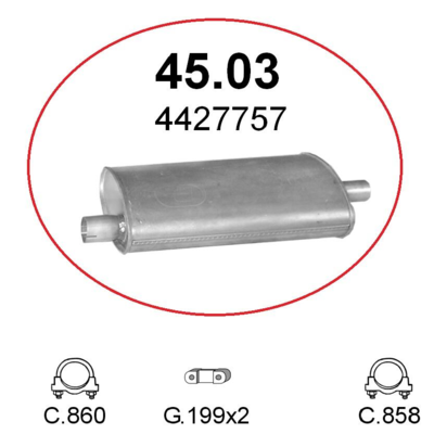 Udstødning mellempotte Chrysler Voyager 3.0i V6 1988-1995 og 3.3i V6 1991-1995 midterste lyddæmper Polmo 45.03 passer til Voyager og Grand Voyager SWB og LWB OE 4427757